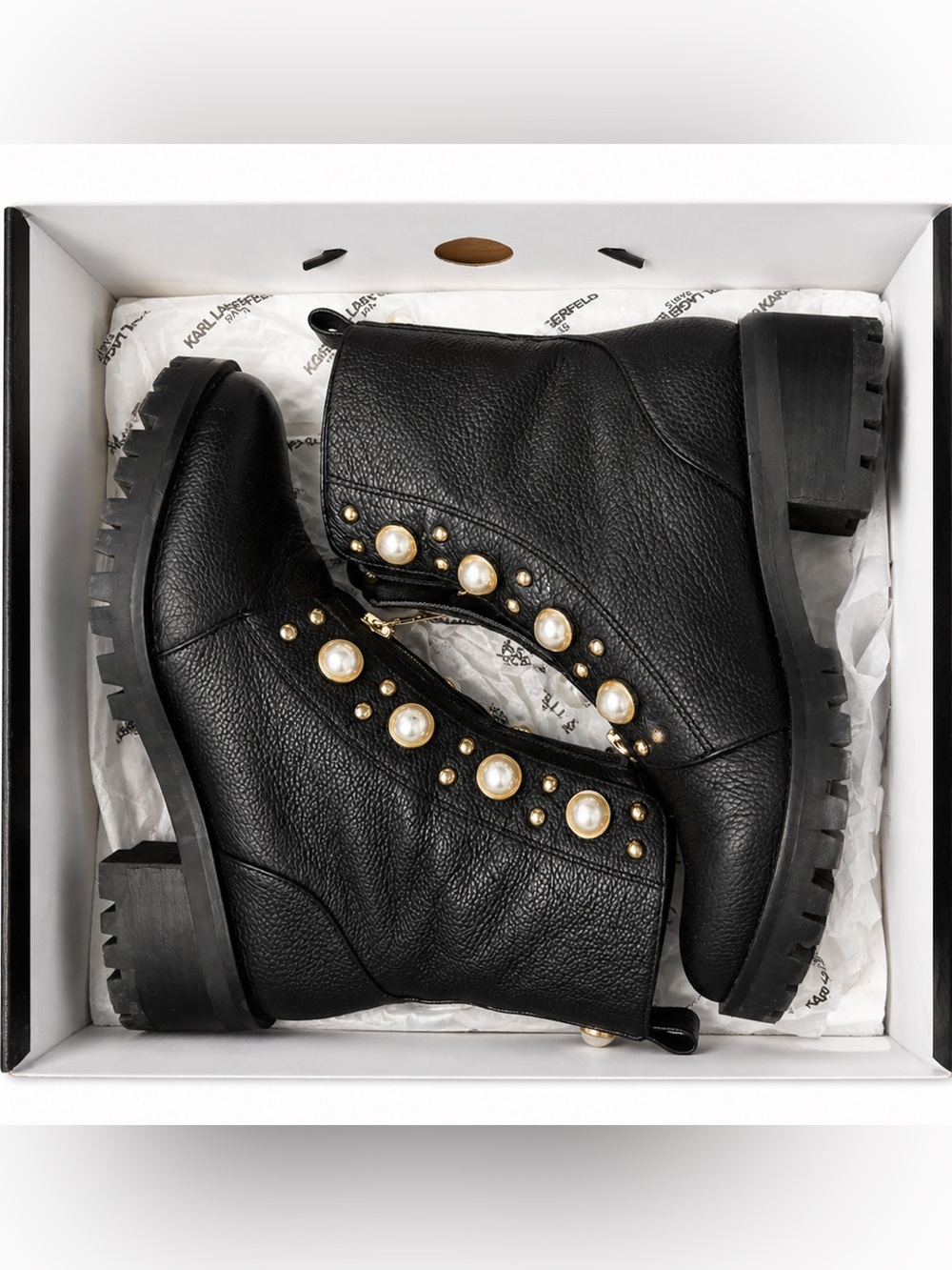 Karl Lagerfeld Paris Payden Pearl Combat Boots – Women’s Size 8.5M